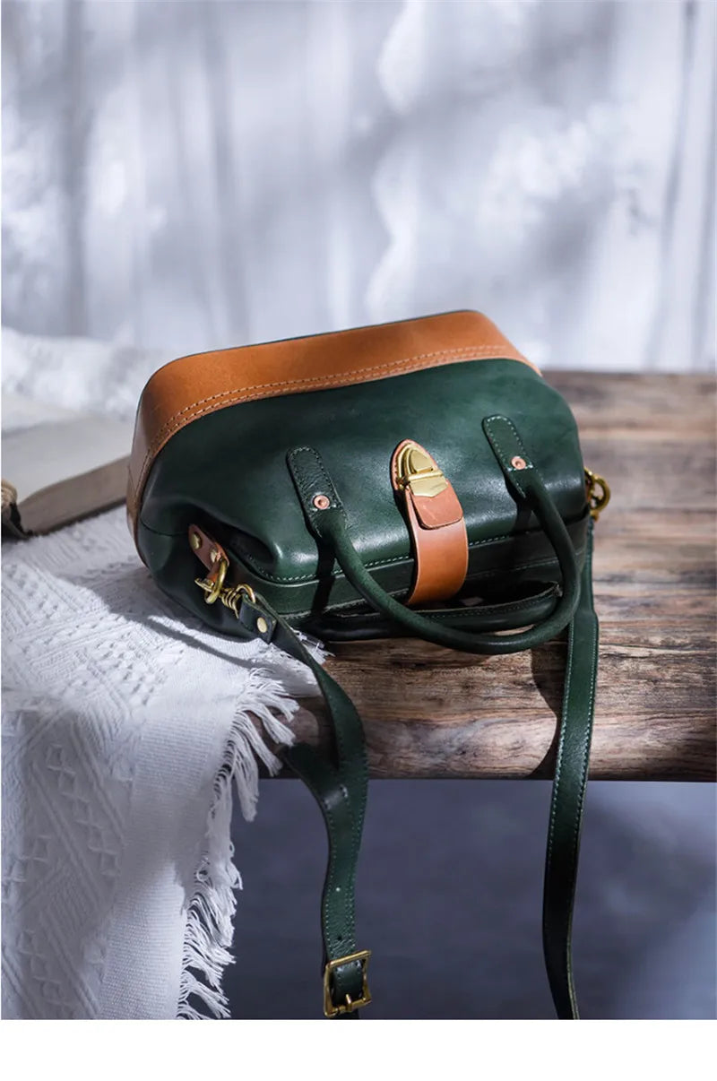 Women Leather Doctor Bag Color Block Weekend Daily Small Handbag Shoulder Bag