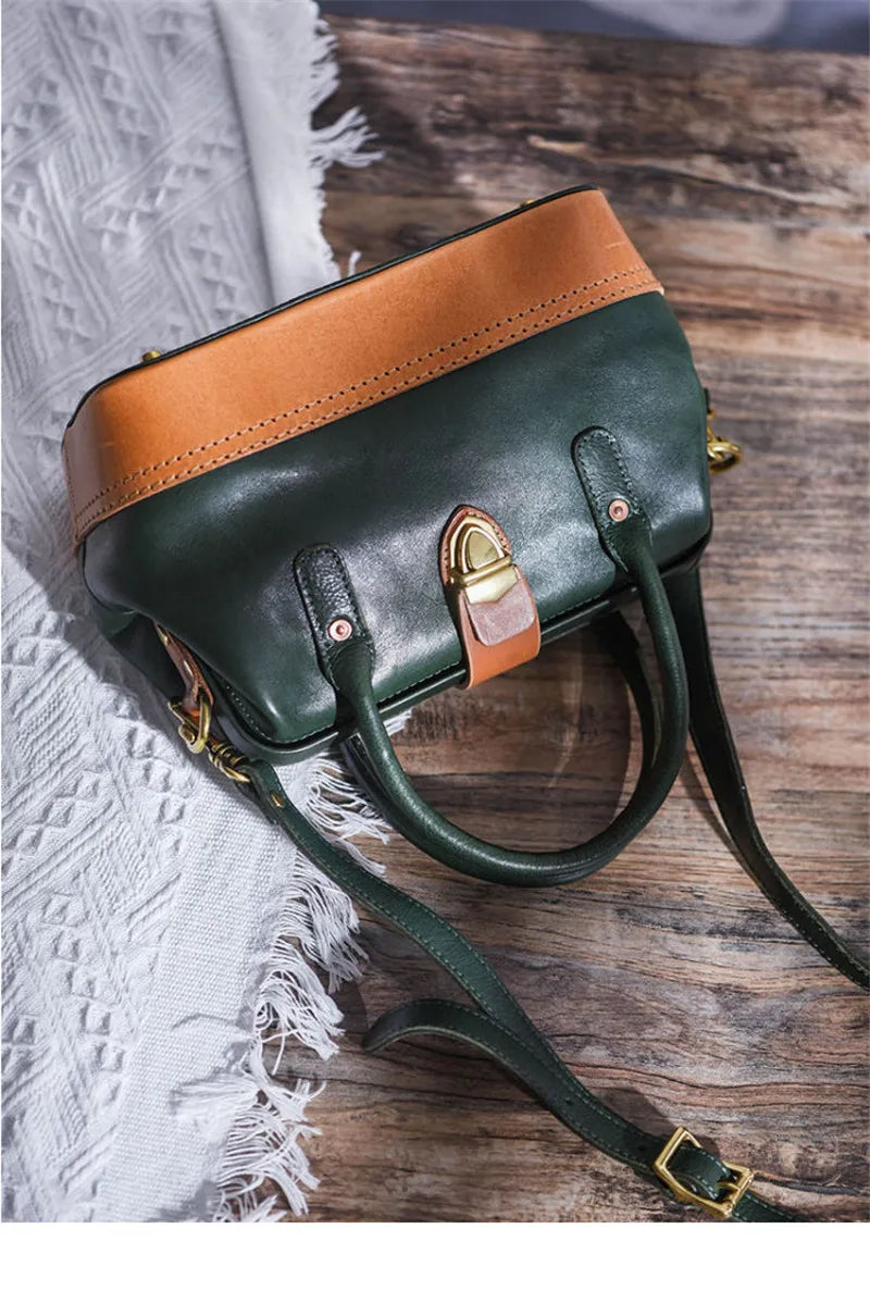 Women Leather Doctor Bag Color Block Weekend Daily Small Handbag Shoulder Bag