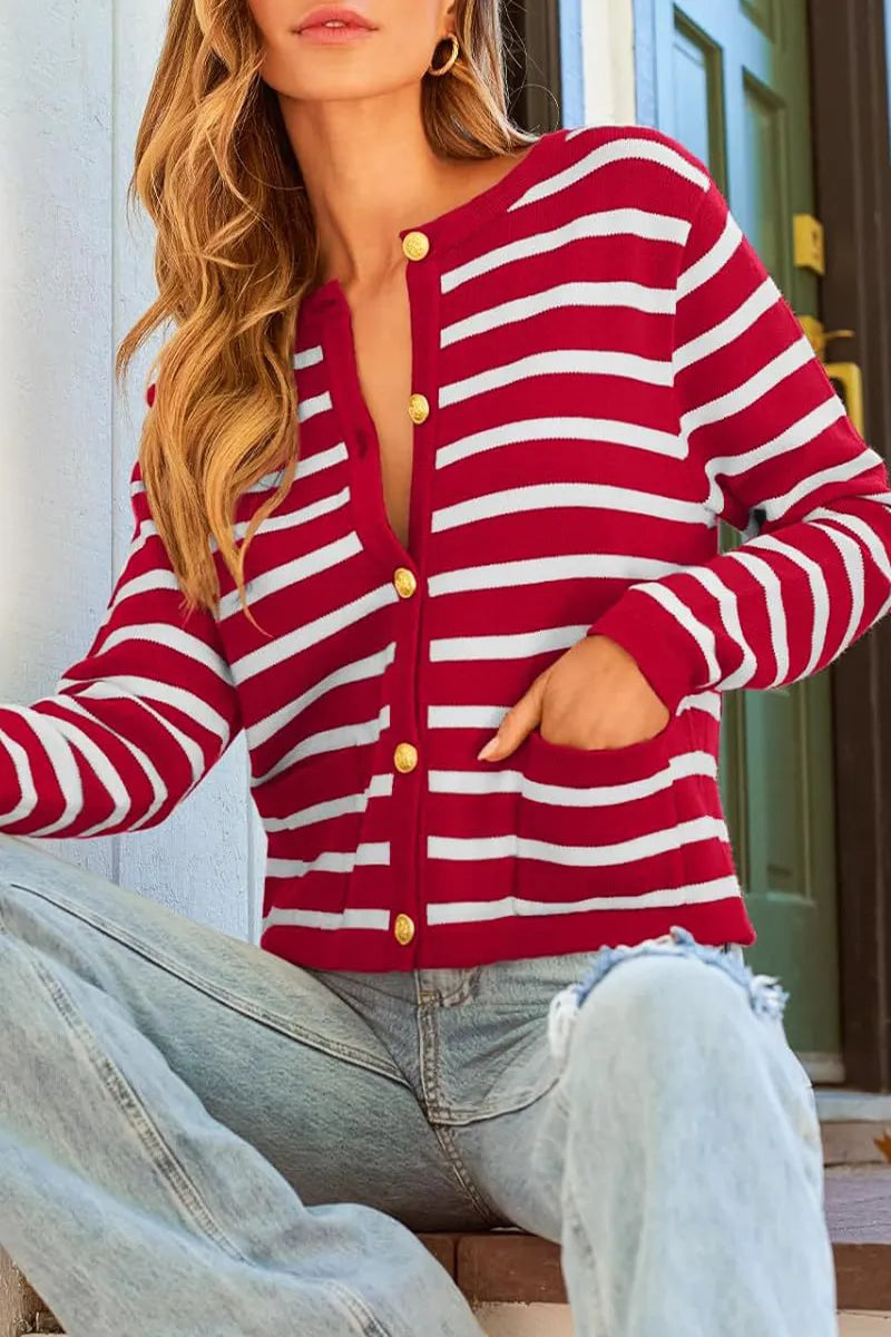 Casual Stripe Buttons Round Neck Cardigan