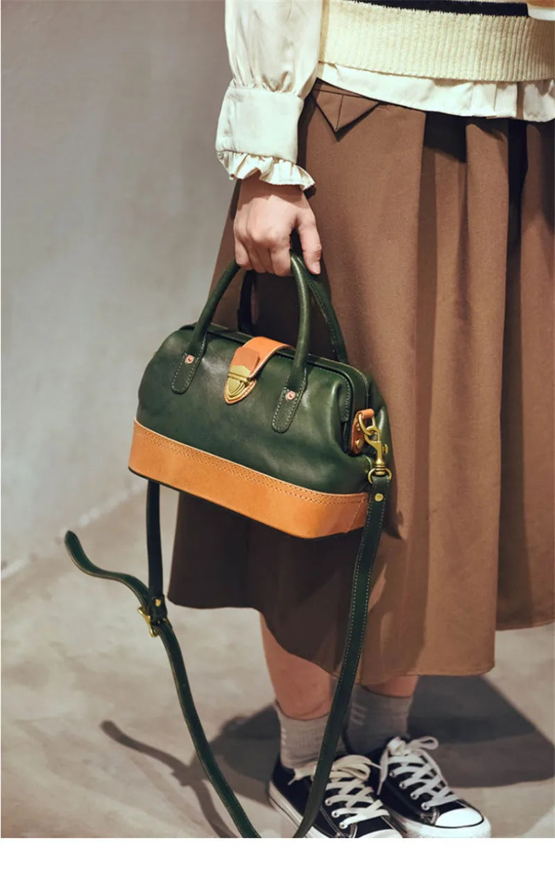 Women Leather Doctor Bag Color Block Weekend Daily Small Handbag Shoulder Bag