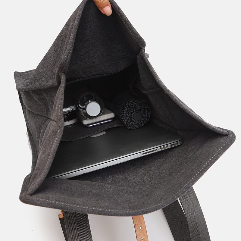 Black Canvas Folded Backpack Laptop Bag for Women