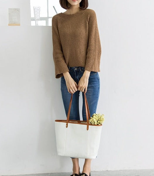 White Color Block Large Leather Tote