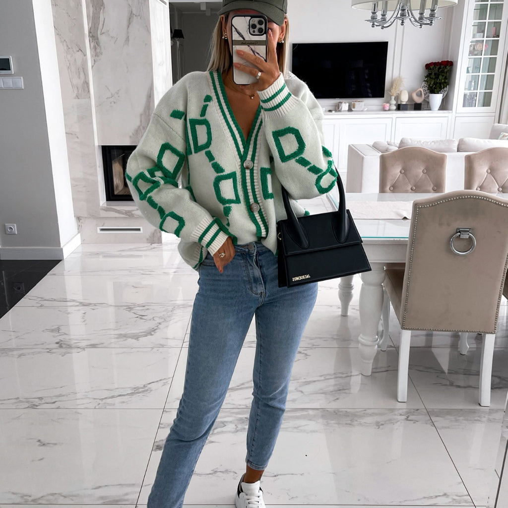 Contrast Letters Single-breasted Long-sleeved Knitted Cardigan