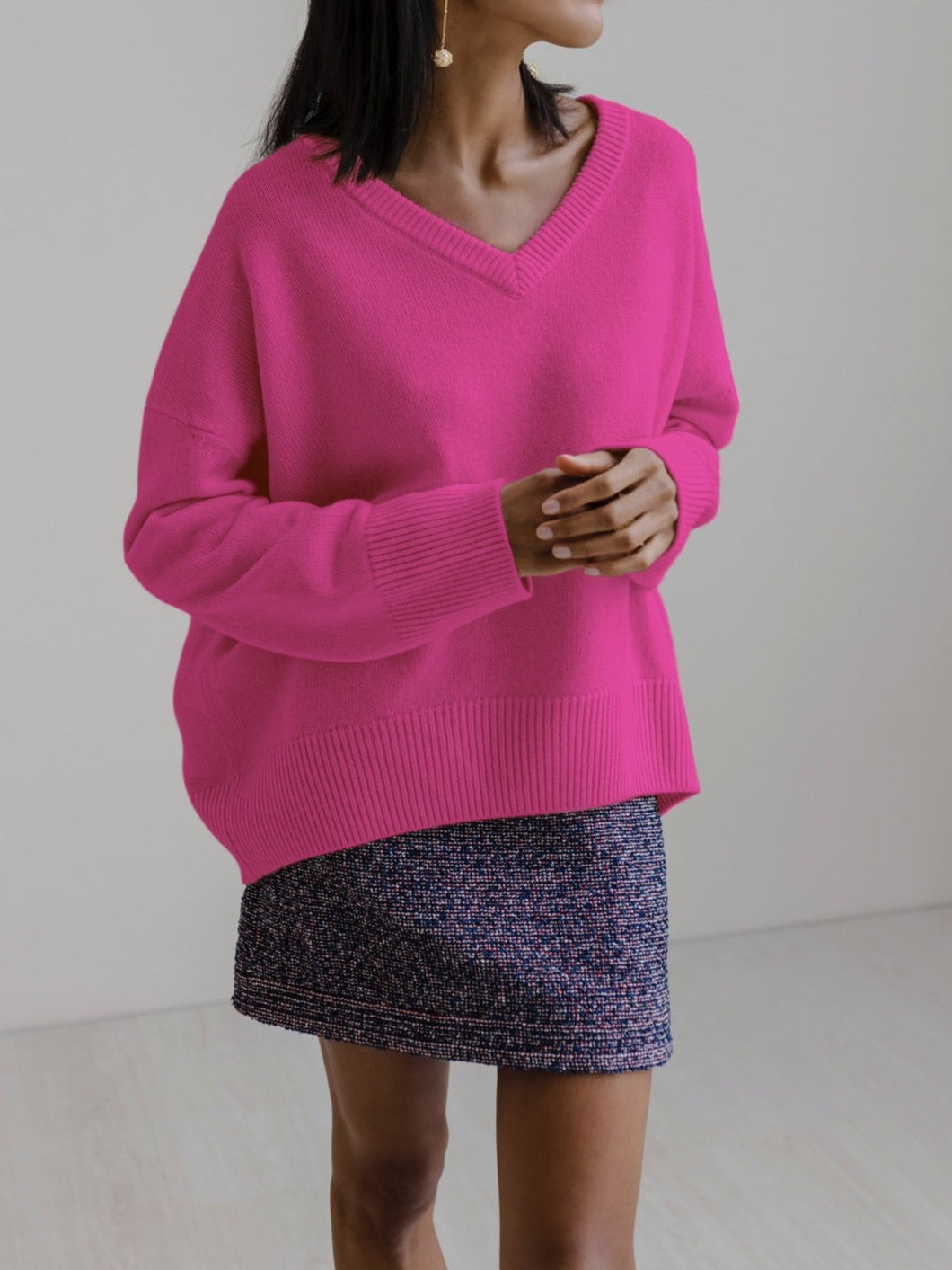 V Neck Long Sleeve Loose Knit Sweater