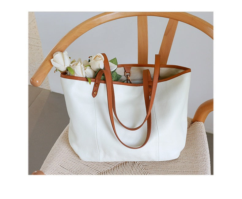 White Color Block Large Leather Tote