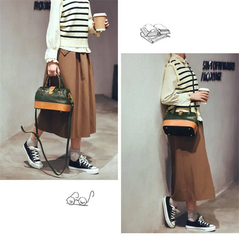 Women Leather Doctor Bag Color Block Weekend Daily Small Handbag Shoulder Bag