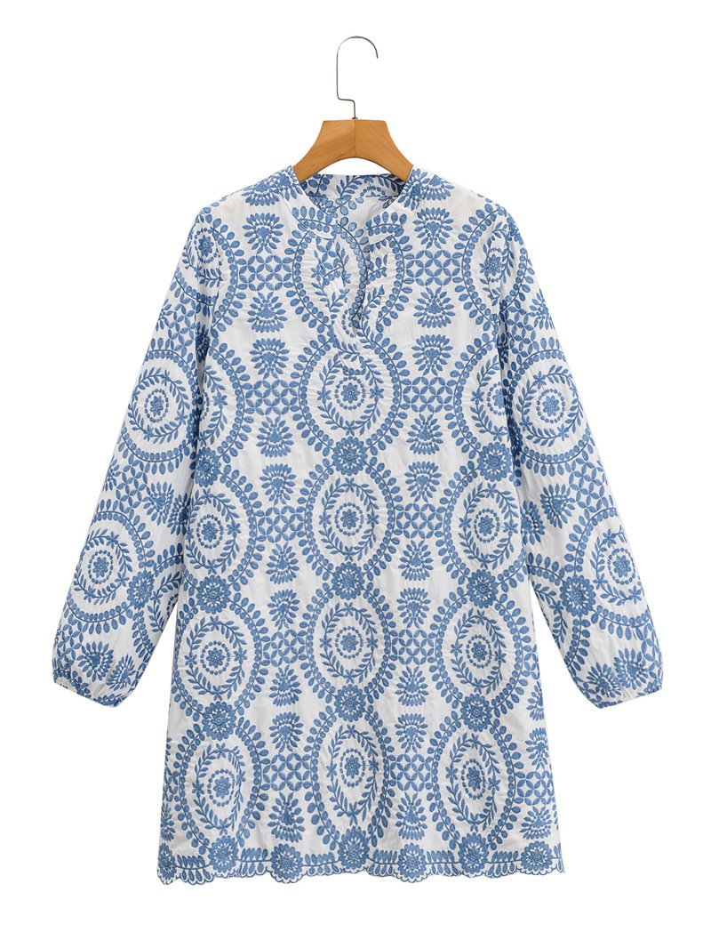Long Sleeve Embroidered Hollow Out Mini Dress