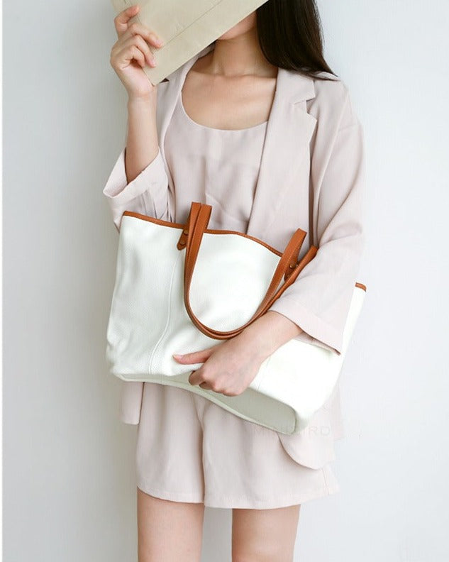 White Color Block Large Leather Tote