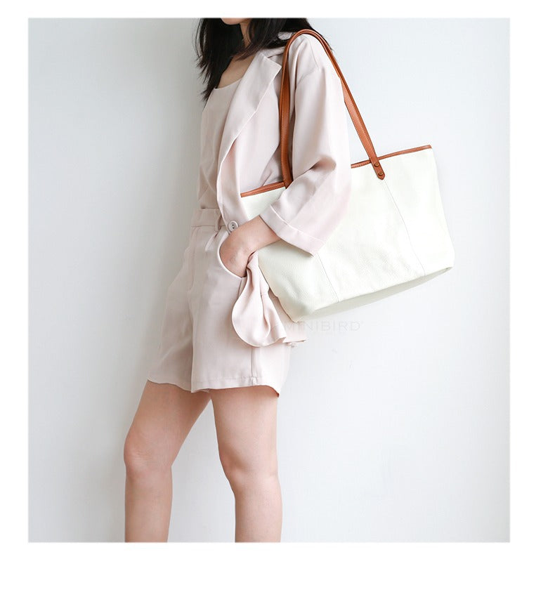 White Color Block Large Leather Tote