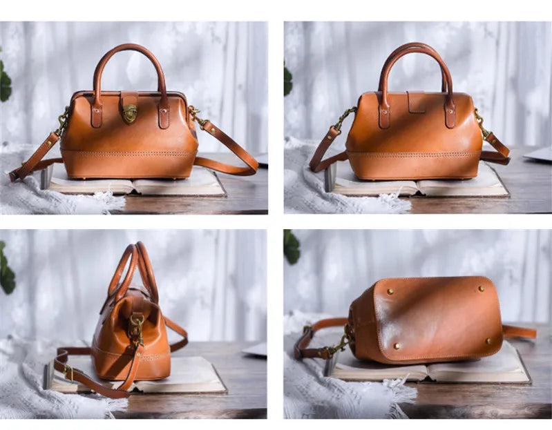 Women Leather Doctor Bag Color Block Weekend Daily Small Handbag Shoulder Bag