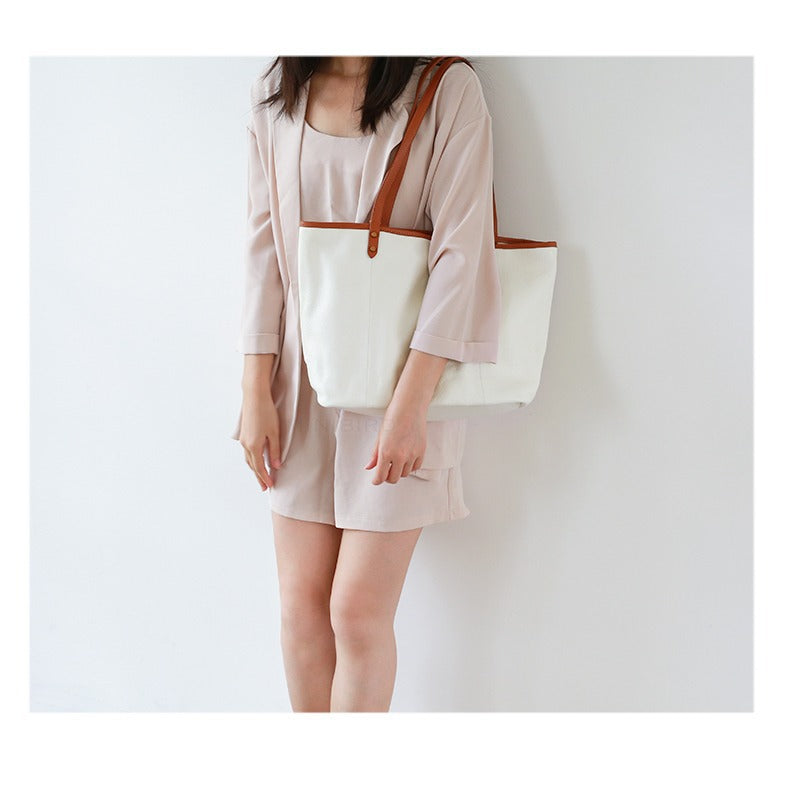 White Color Block Large Leather Tote