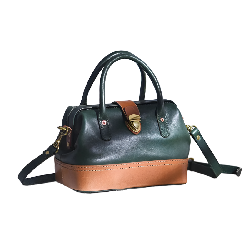 Women Leather Doctor Bag Color Block Weekend Daily Small Handbag Shoulder Bag