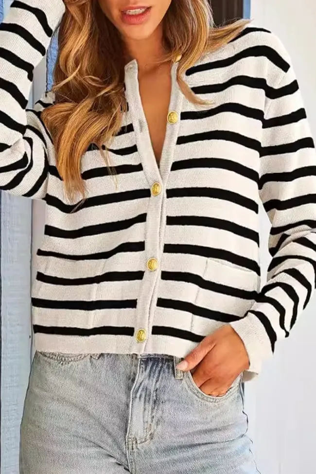 Casual Stripe Buttons Round Neck Cardigan