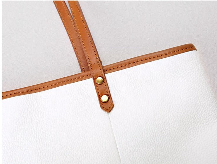 White Color Block Large Leather Tote