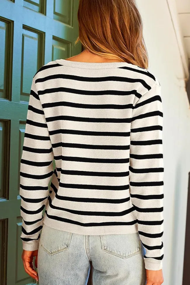 Casual Stripe Buttons Round Neck Cardigan