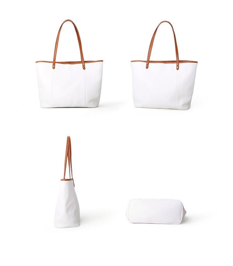 White Color Block Large Leather Tote