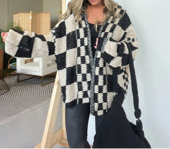 Casual Plaid Loose Knitted Outerwear Cardigan