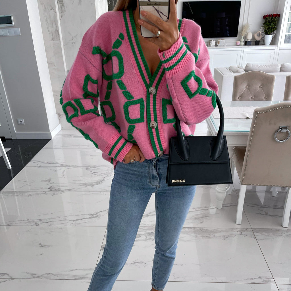 Contrast Letters Single-breasted Long-sleeved Knitted Cardigan