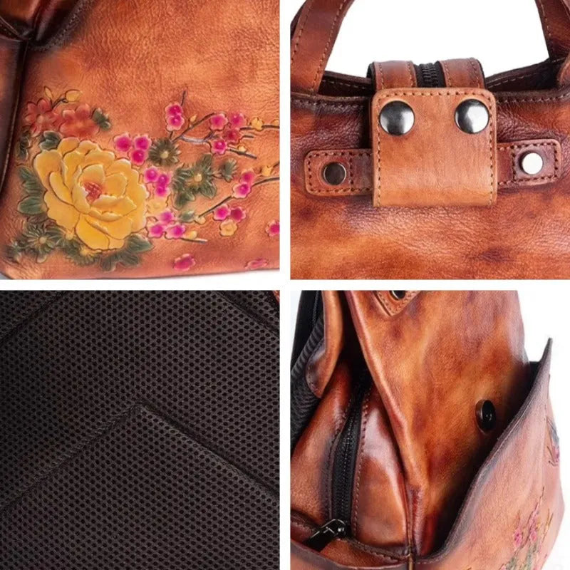 Floral Butterfly Embossed Leather Handbag  Women Backpack