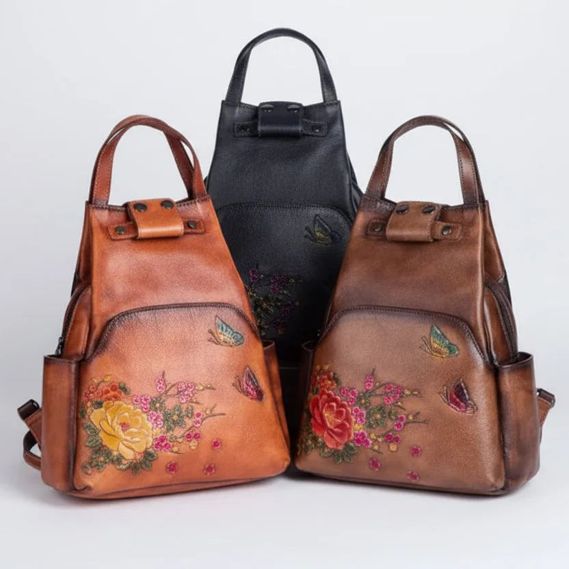 Floral Butterfly Embossed Leather Handbag  Women Backpack