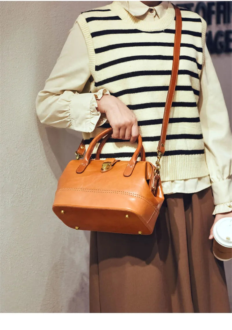 Women Leather Doctor Bag Color Block Weekend Daily Small Handbag Shoulder Bag