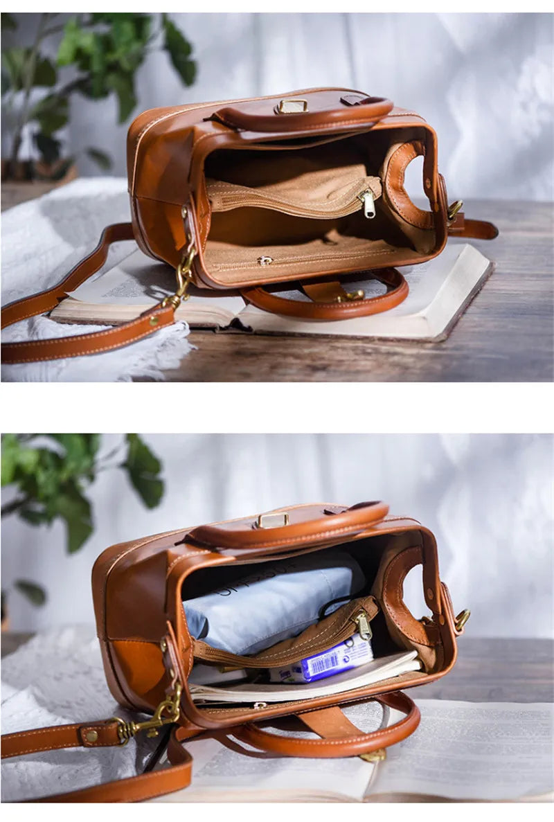 Women Leather Doctor Bag Color Block Weekend Daily Small Handbag Shoulder Bag