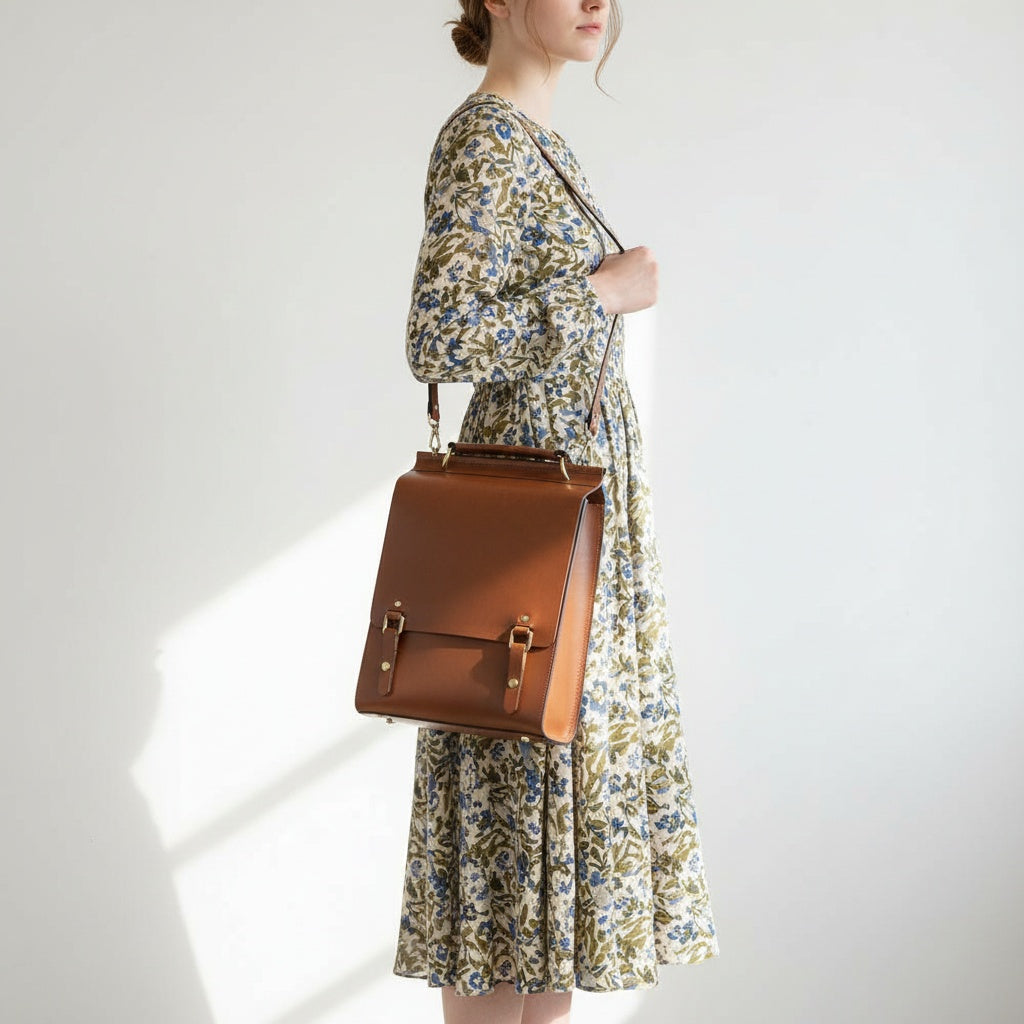 Brown Classic Satchel Laptop Leather School Backpack for Women