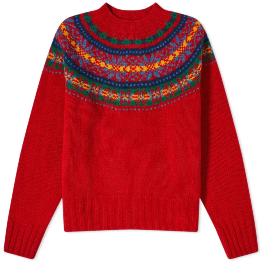 Red Jacquard Loose Pullover Crew Neck Sweater