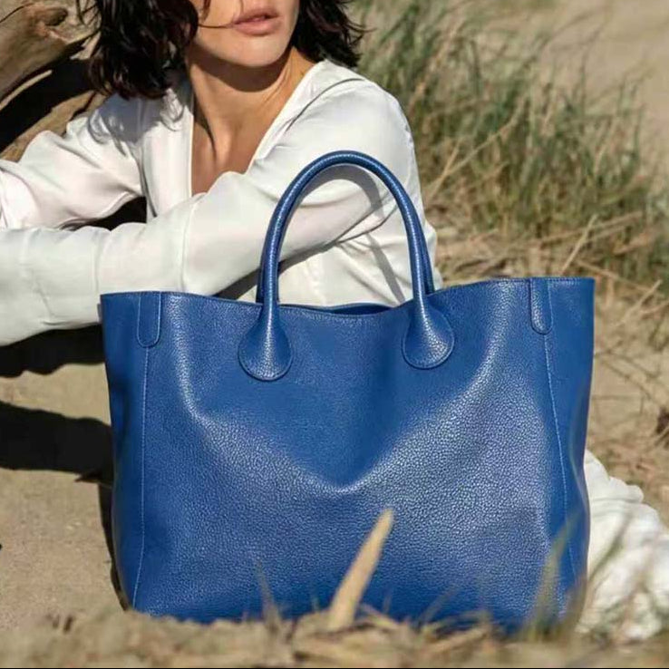 Blue Oversized Large Classic Top Grain Leather Tote Bag