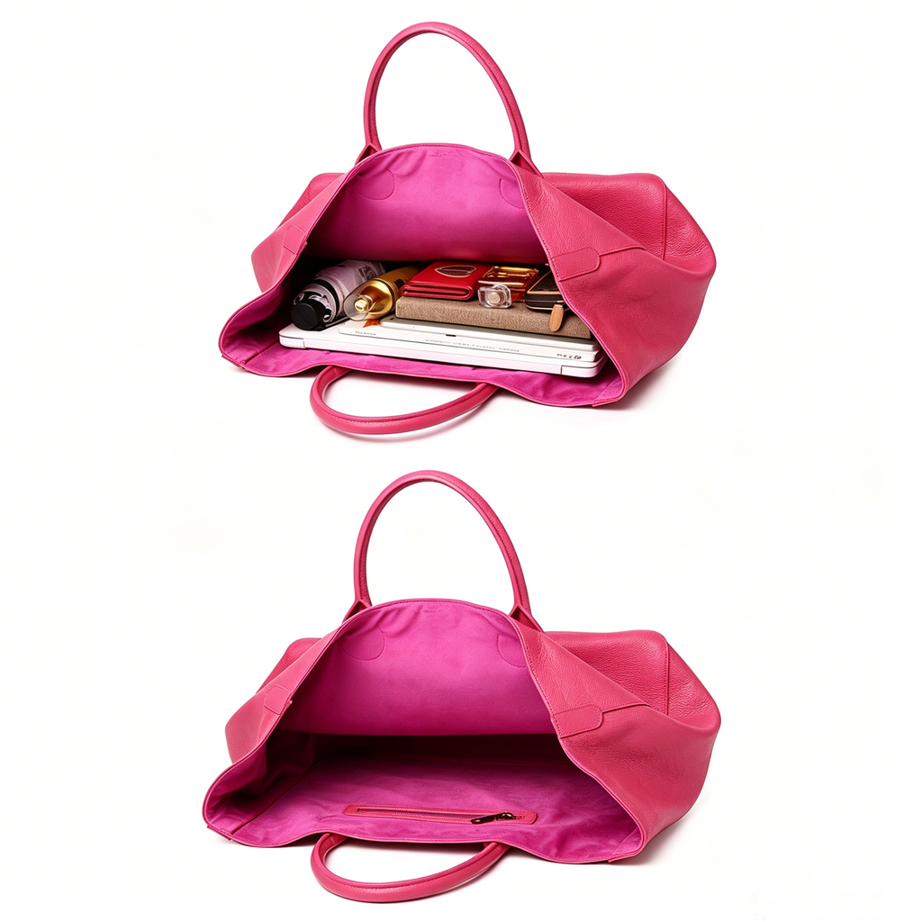 Hot Pink Oversized Large Classic Top Grain Leather Tote Bag