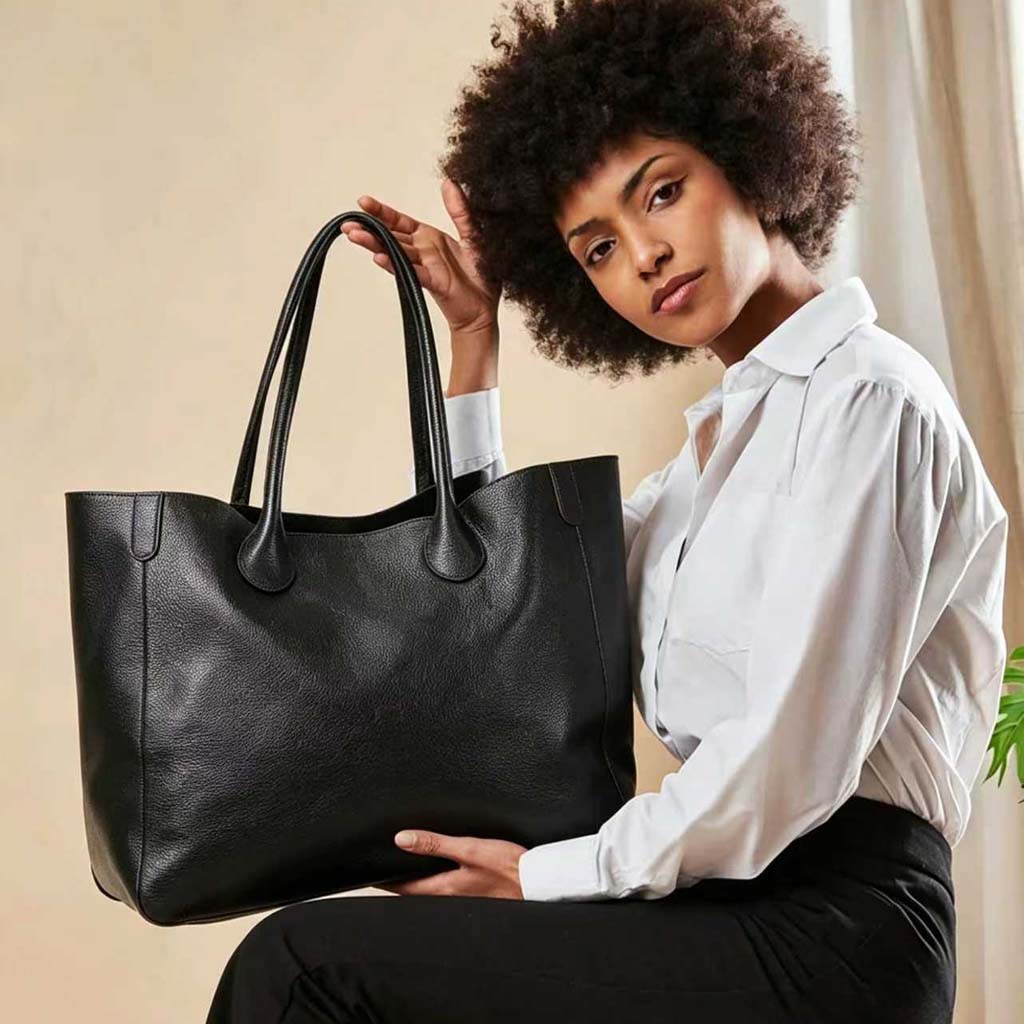Black Oversized Large Classic Top Grain Leather Tote Bag