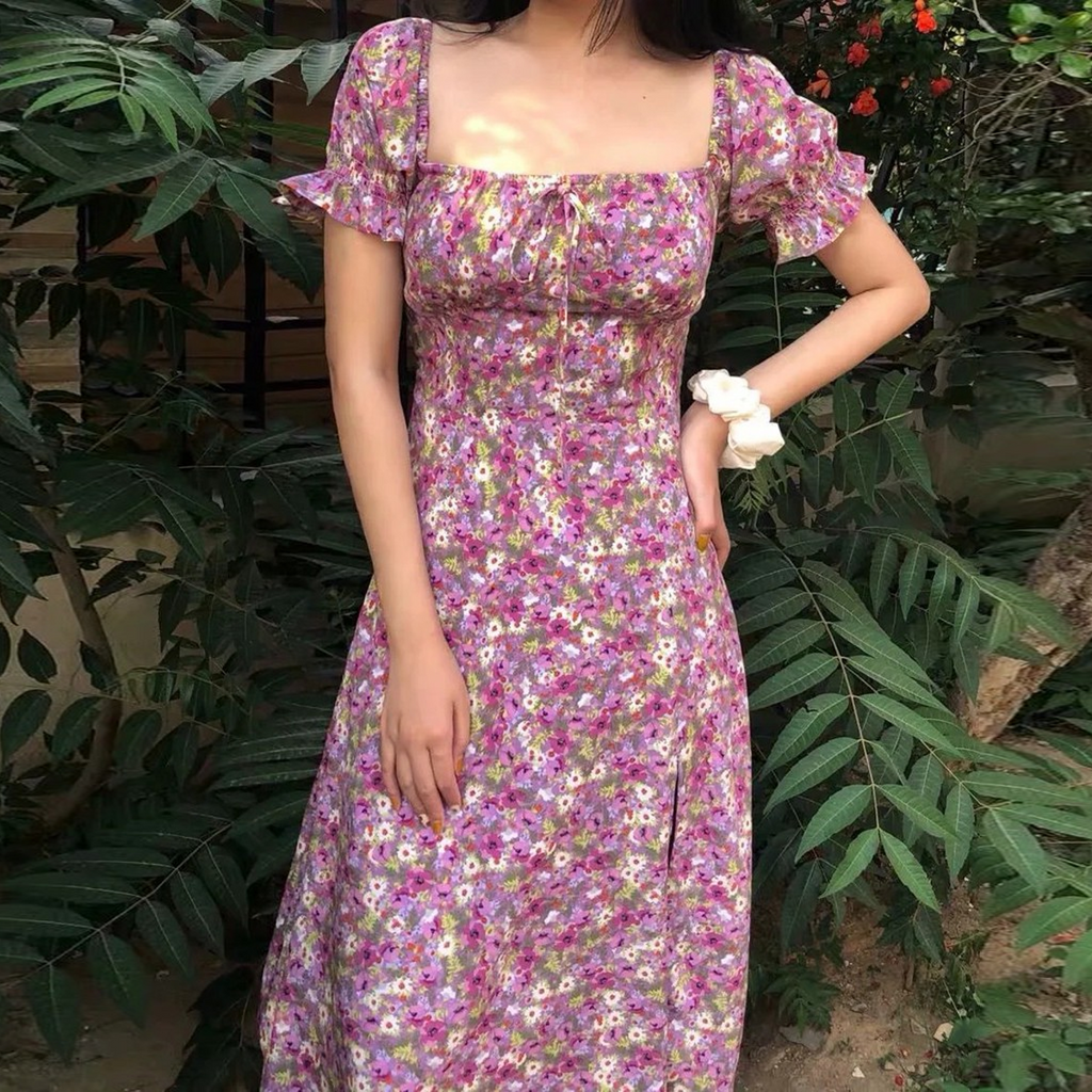 Retro Floral Short Sleeves Slit Side Midi Dress