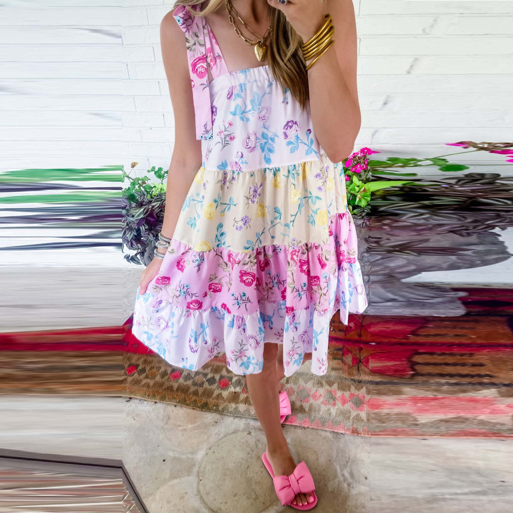 Colorblock Multi Floral Print Straps Mini Dress