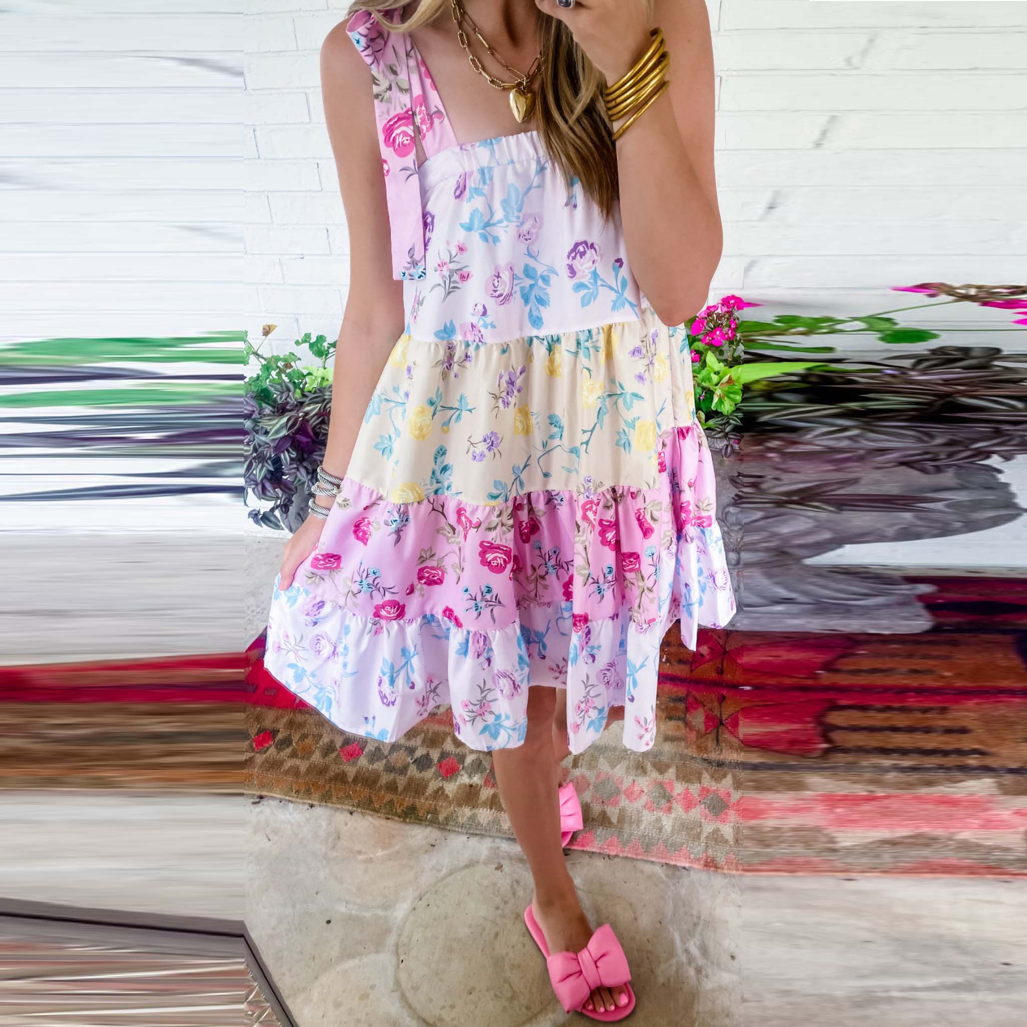 Colorblock Multi Floral Print Straps Mini Dress