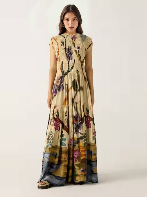Yellow Sleeveless Floral Pleated Maxi Dress