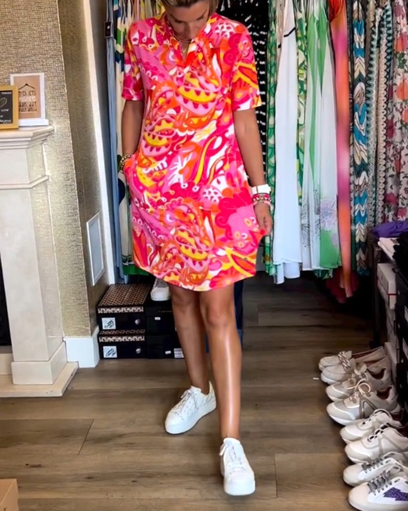 Pink Print Short Sleeve Mini Dress