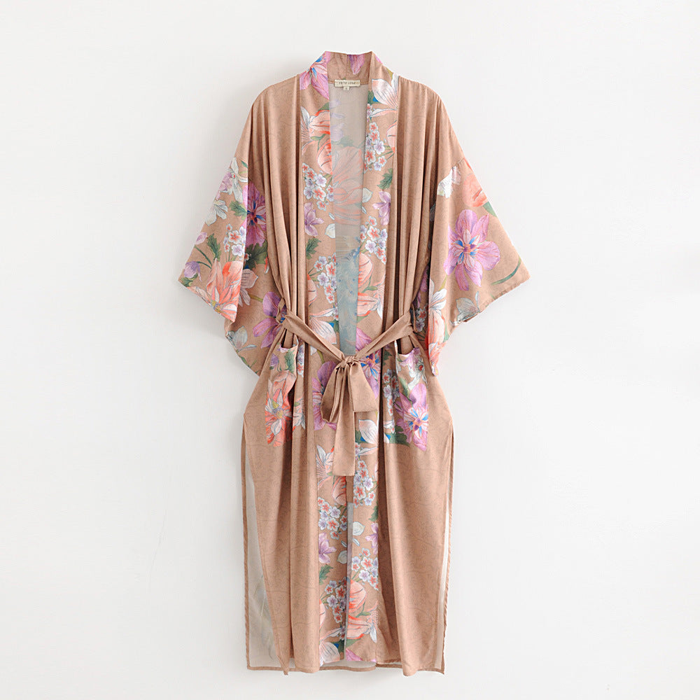 Boho Peacok Floral Print Kimono Robe Cover Up