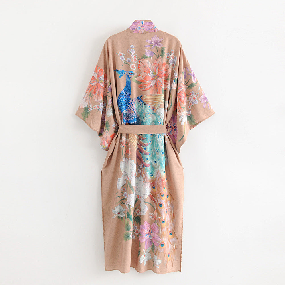 Boho Peacok Floral Print Kimono Robe Cover Up