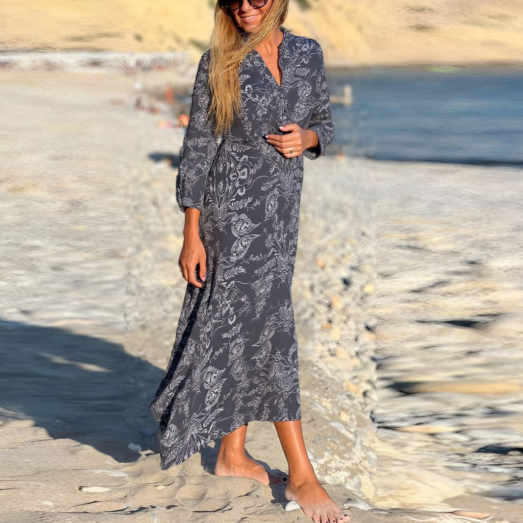 Loose Black Printed Long Sleeve Maixi Dress