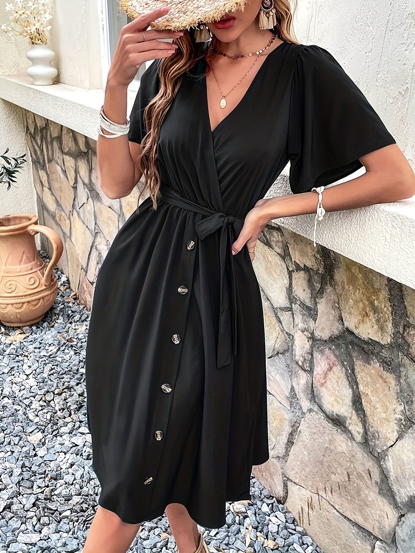Black V Neck Button Front Short Sleeve Midi Dress