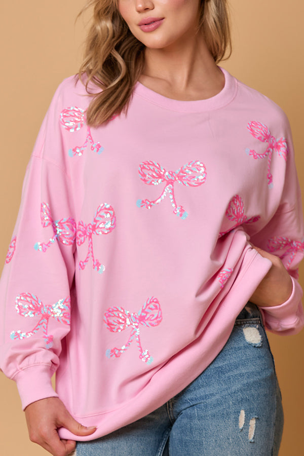 Bow Sequin Casual Loose Long Sleeve Sweatshirt
