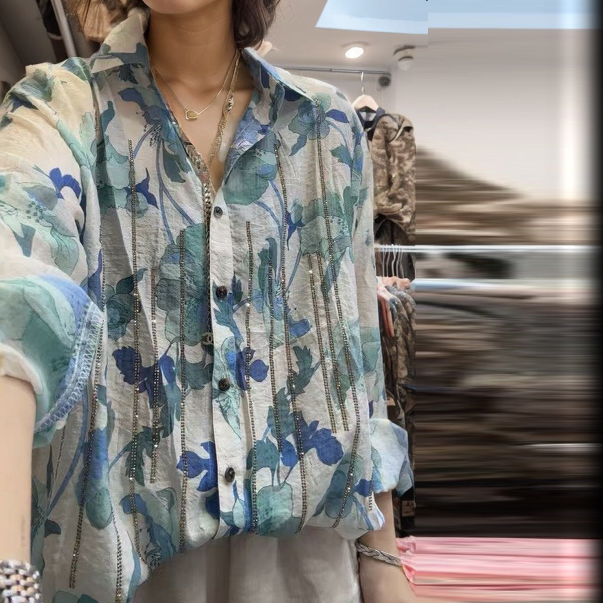 Blue Floral Watercolor Buttons Down Beadings Long Sleeve Shirt