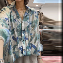 Load image into Gallery viewer, Blue Floral Watercolor Buttons Down Beadings Long Sleeve Shirt
