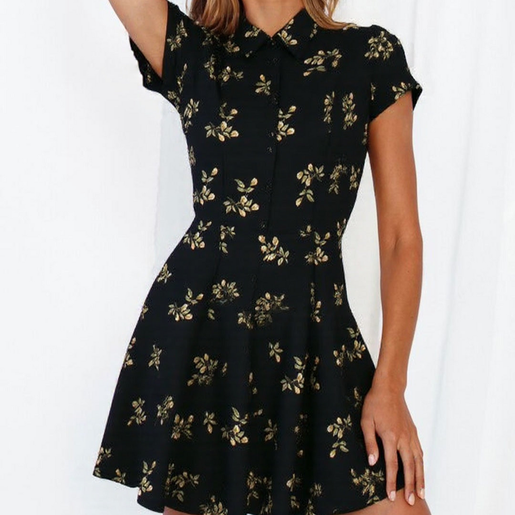 Black Collar Floral Buttons Down Mini Dress