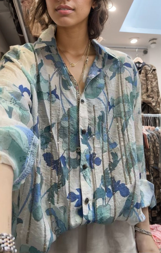 Blue Floral Watercolor Buttons Down Beadings Long Sleeve Shirt