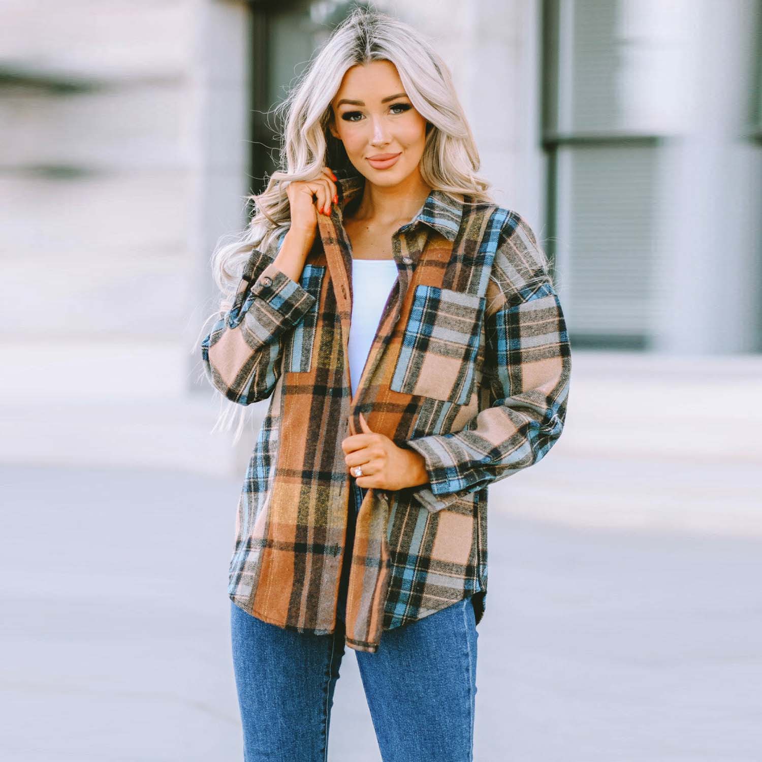 Plaid Curved Hem Shirt Jacket with Breast Pockets