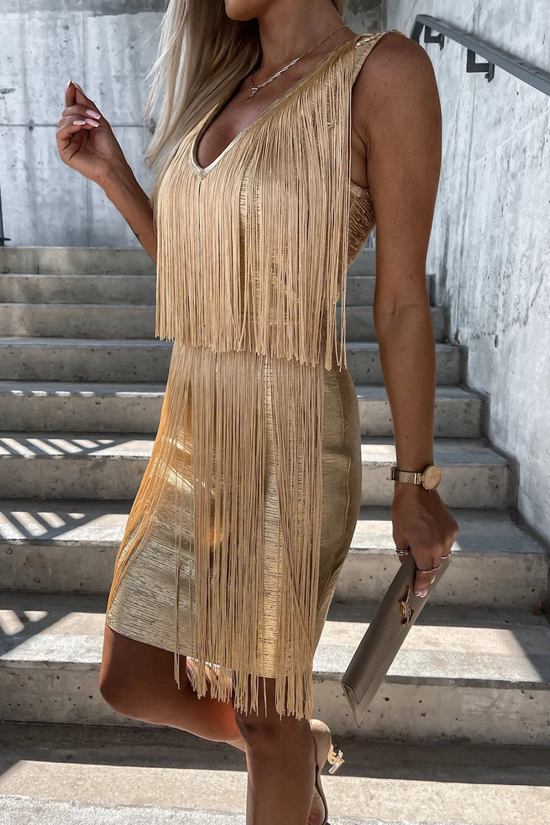 Sexy Tassel V Neck Sleeveless Mini Party Dress