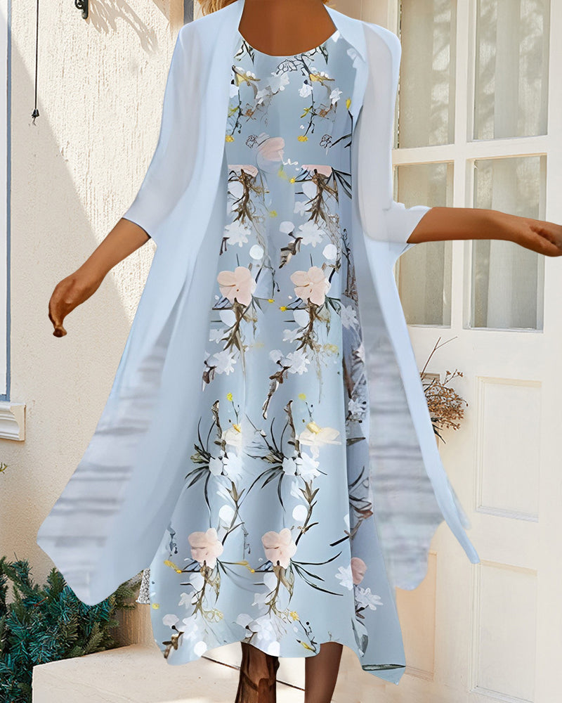 Blue Floral Midi Two Piece Dress