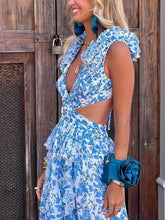 Load image into Gallery viewer, Pink Floral Deep V-neck High Split Ruffled Maxi Dress
