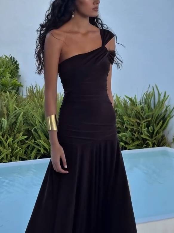 Brown One Shoulder Split Side Maxi Dress